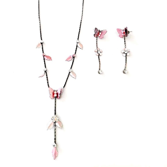 Vintage Romantic Pink Butterfly Leaf Flower Rhinestones Crystals Necklace Set - Picture 6 of 7